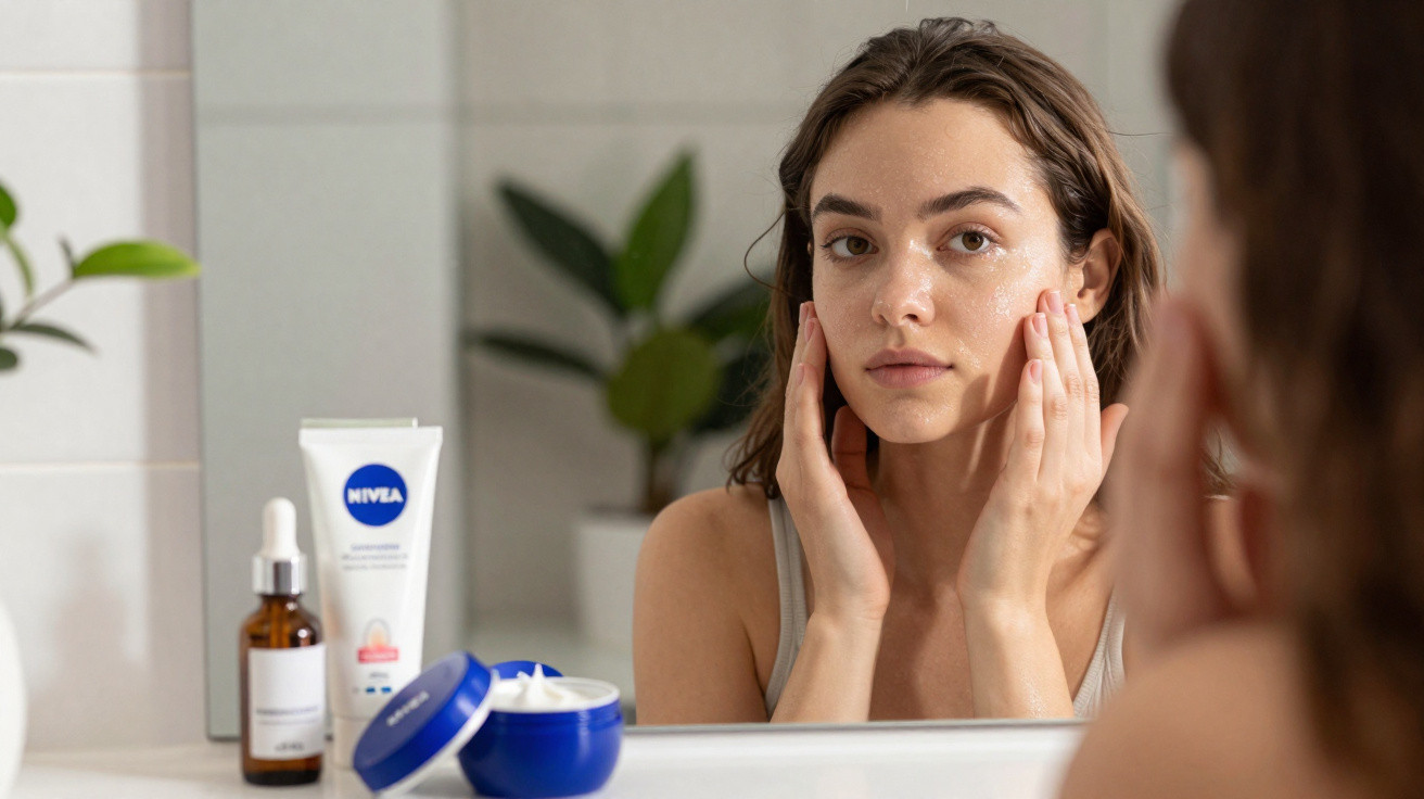 Mulher aplicando creme hidratante no rosto em frente ao espelho no banheiro com produtos Nivea.