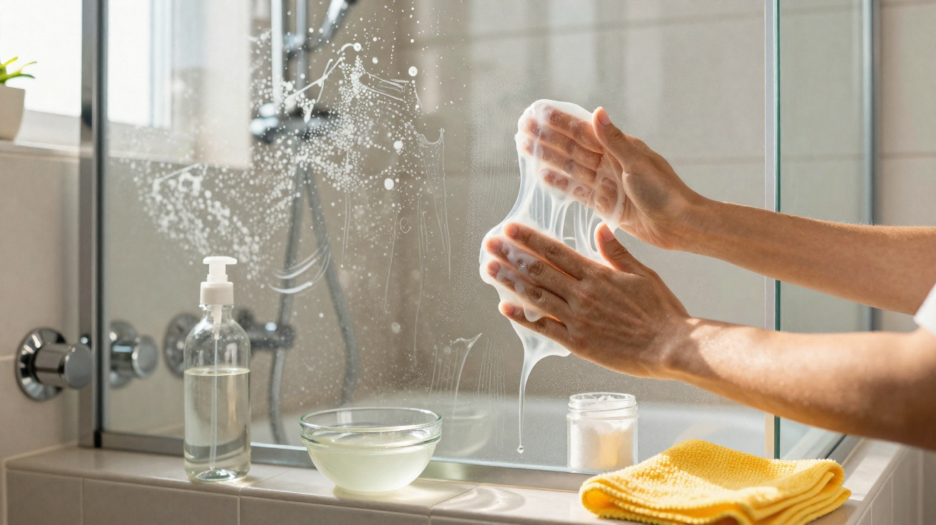 Mãos espalmadas com espuma branca limpando um vidro de banheiro ao lado de sabonete líquido e toalha amarela.
