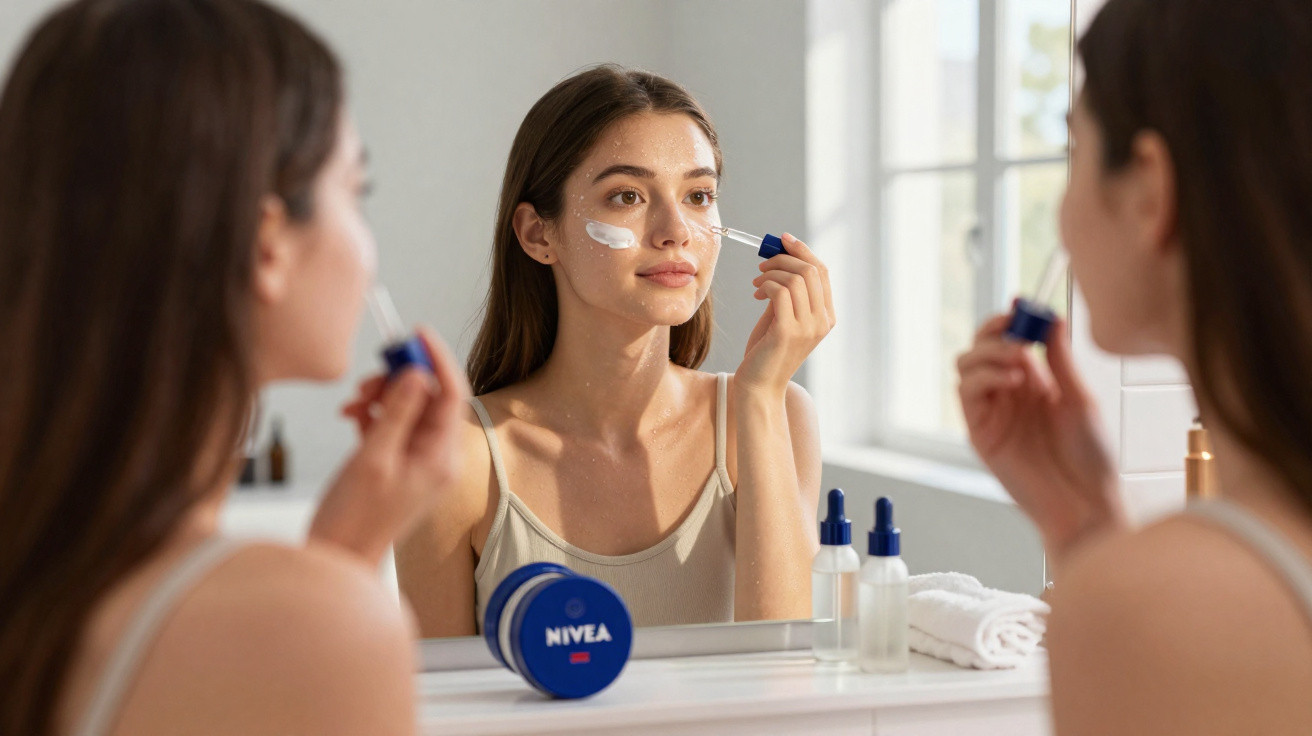 Mulher aplicando sérum no rosto em frente ao espelho com pote de creme Nivea na bancada.