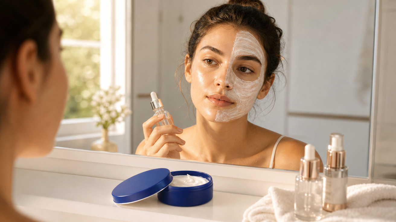 Mulher aplicando máscara facial branca, olhando para espelho com produtos de skincare na frente.
