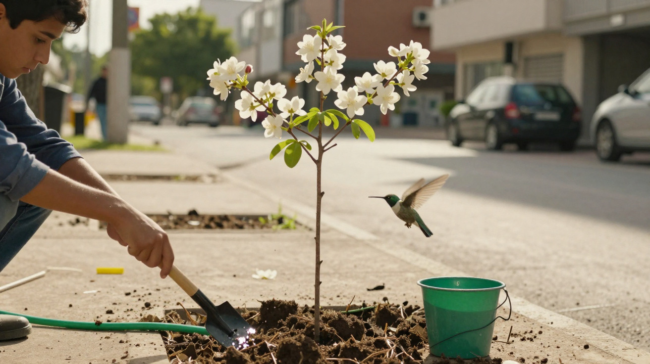 Pessoa plantando muda de árvore florida na calçada com beija-flor voando ao lado e balde verde.