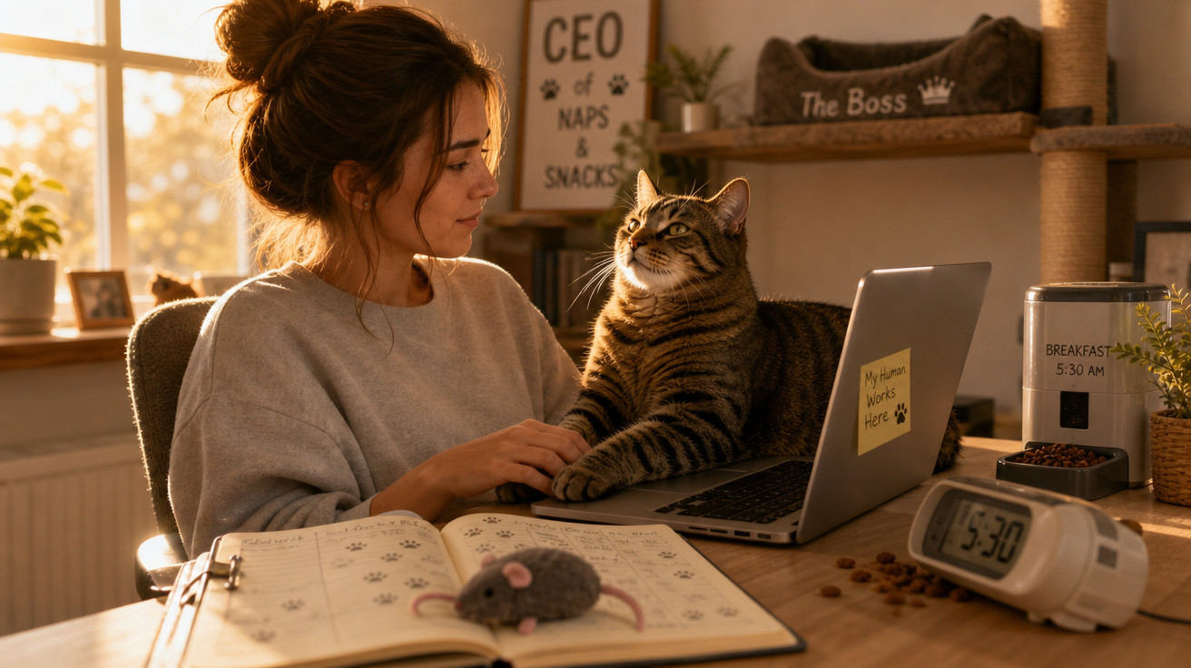 Mulher acariciando gato sobre laptop em escritório caseiro iluminado pela luz do entardecer.