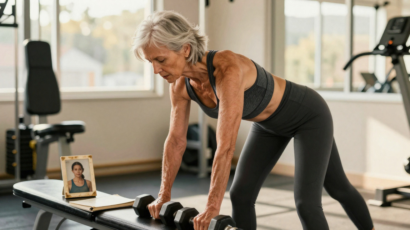 Mulher idosa se exercita com halteres em academia, olhando para uma foto e caderno sobre o banco.