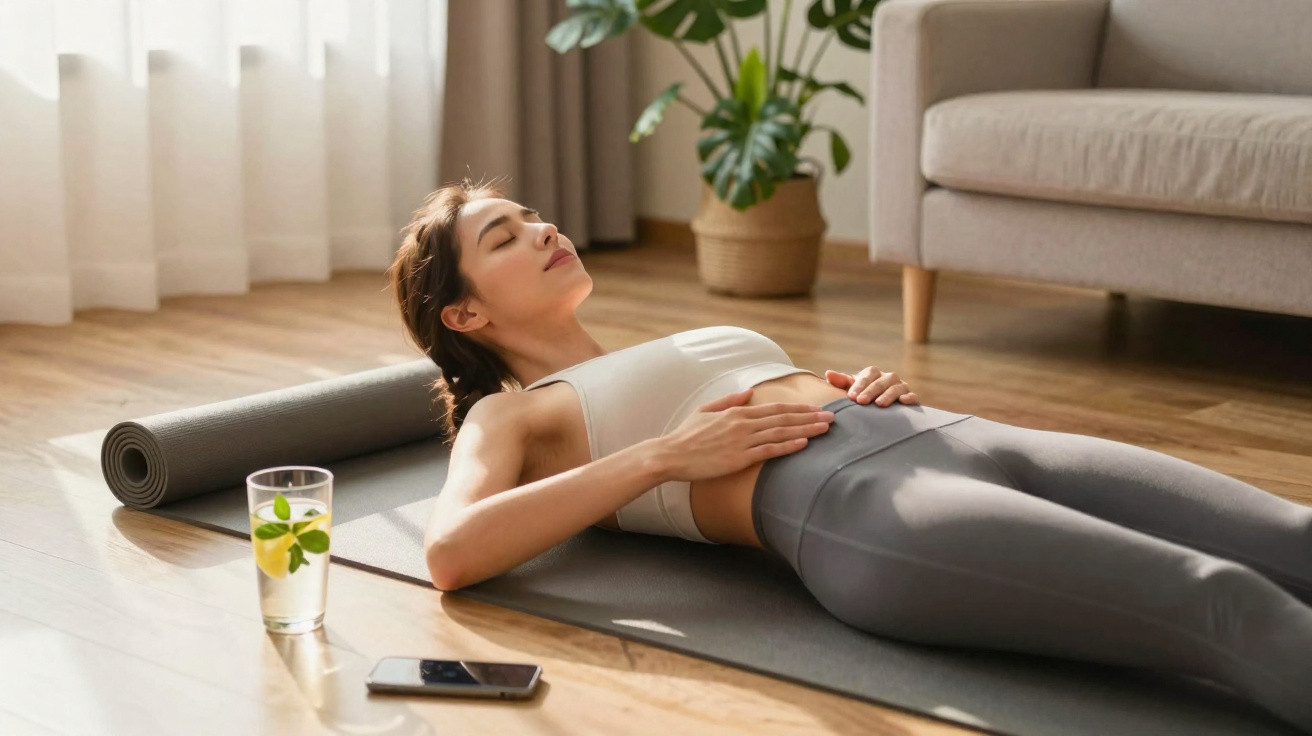 Mulher relaxando deitada em tapete de yoga com copo de água e celular ao lado em sala iluminada.
