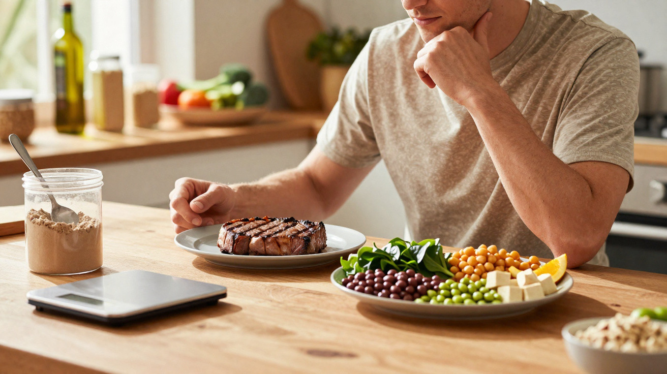 Homem sentado à mesa com pratos de carne grelhada e alimentos variados, planejando refeição saudável.
