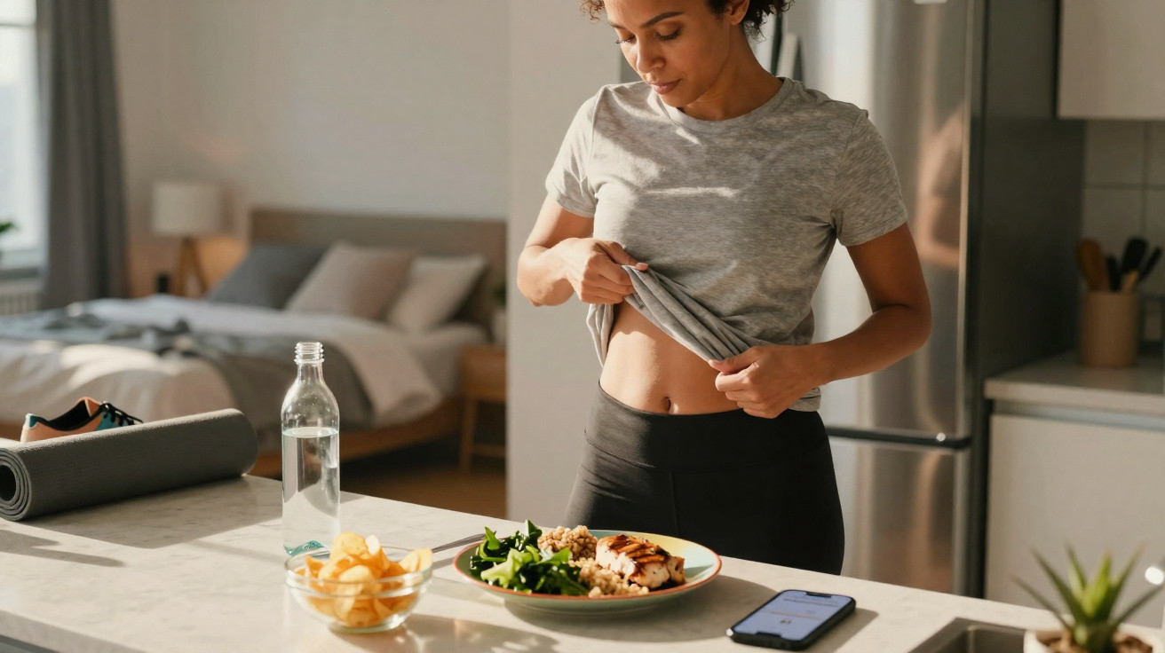 Mulher em roupa de treino segurando a camisa e observando a barriga na cozinha com comida saudável na mesa.