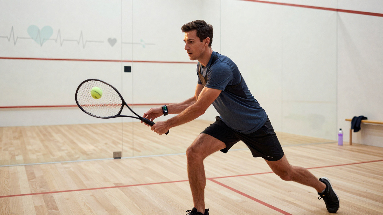 Homem com roupa esportiva jogando squash em quadra, prestes a rebater a bola com raquete.