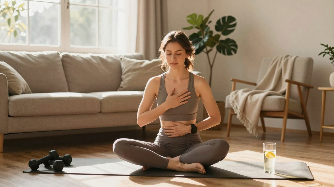 Mulher sentada em posição de lótus meditando em tapete de yoga em sala iluminada com halteres e copo d’água.