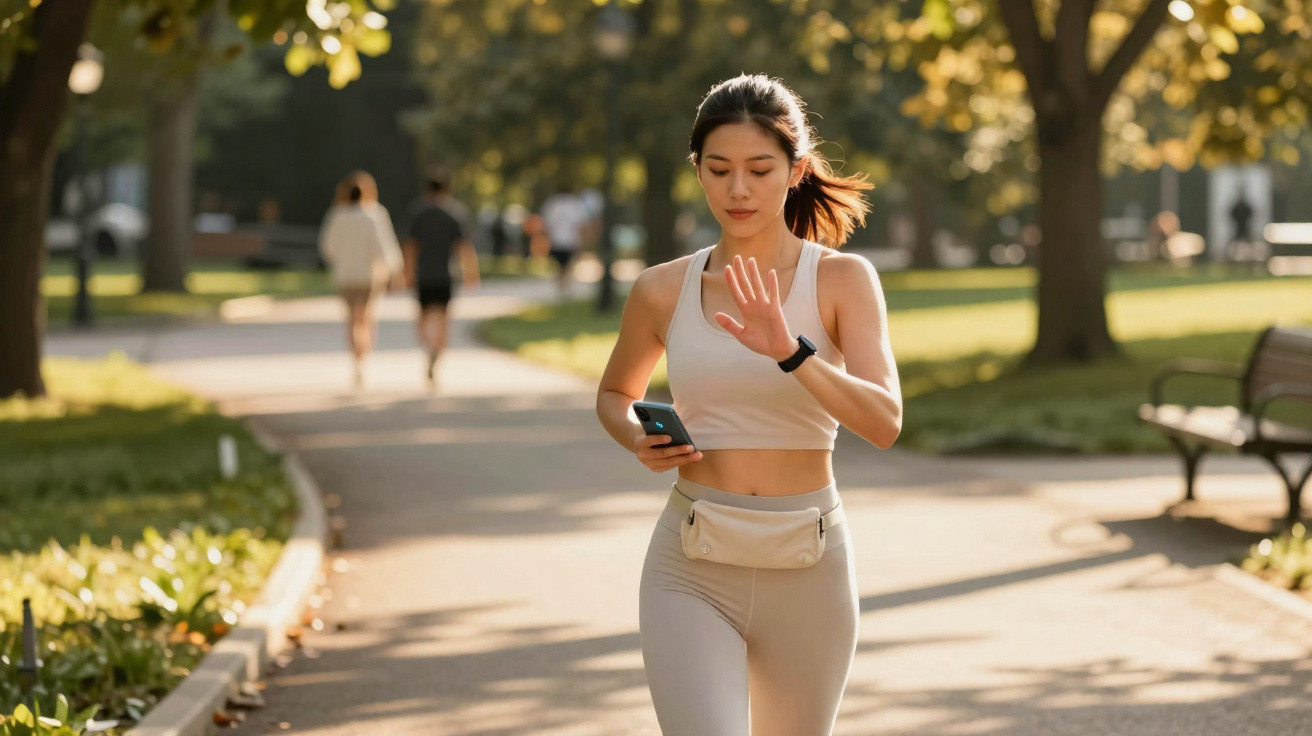 Mulher correndo no parque usando roupas esportivas claras e segurando celular com árvores ao fundo.