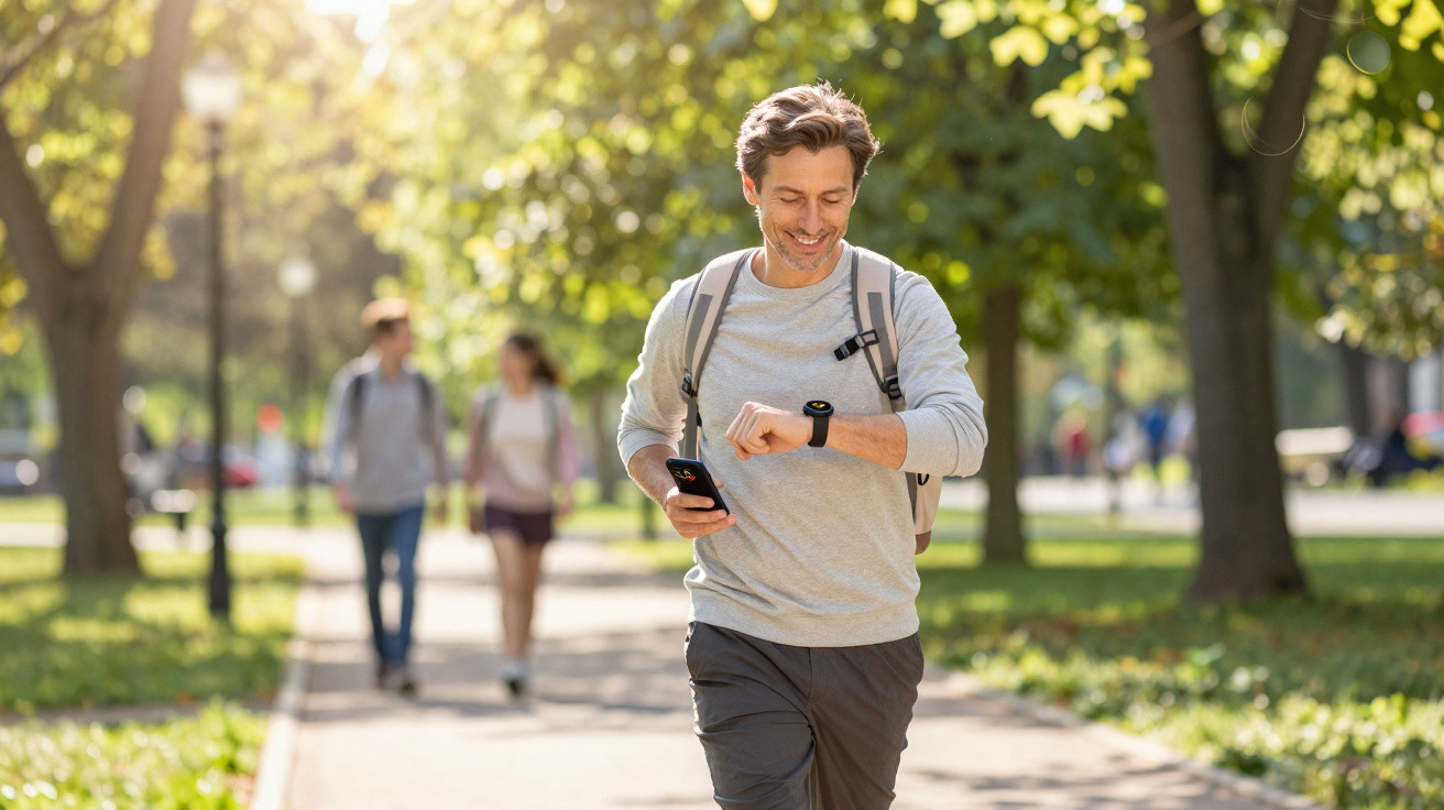 Homem caminhando em parque ensolarado, olhando relógio e segurando celular, com mochila nas costas.