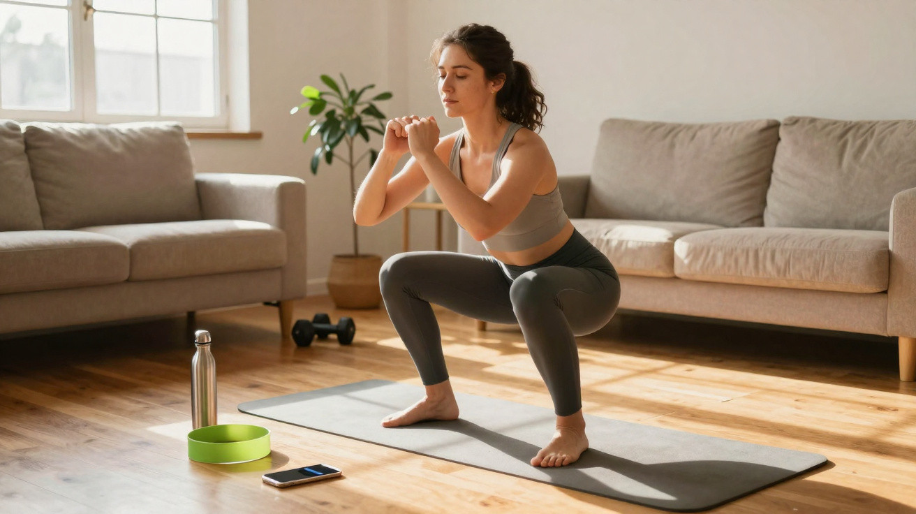 Mulher fazendo agachamento em tapete de yoga na sala com garrafa, celular e pesos próximos.