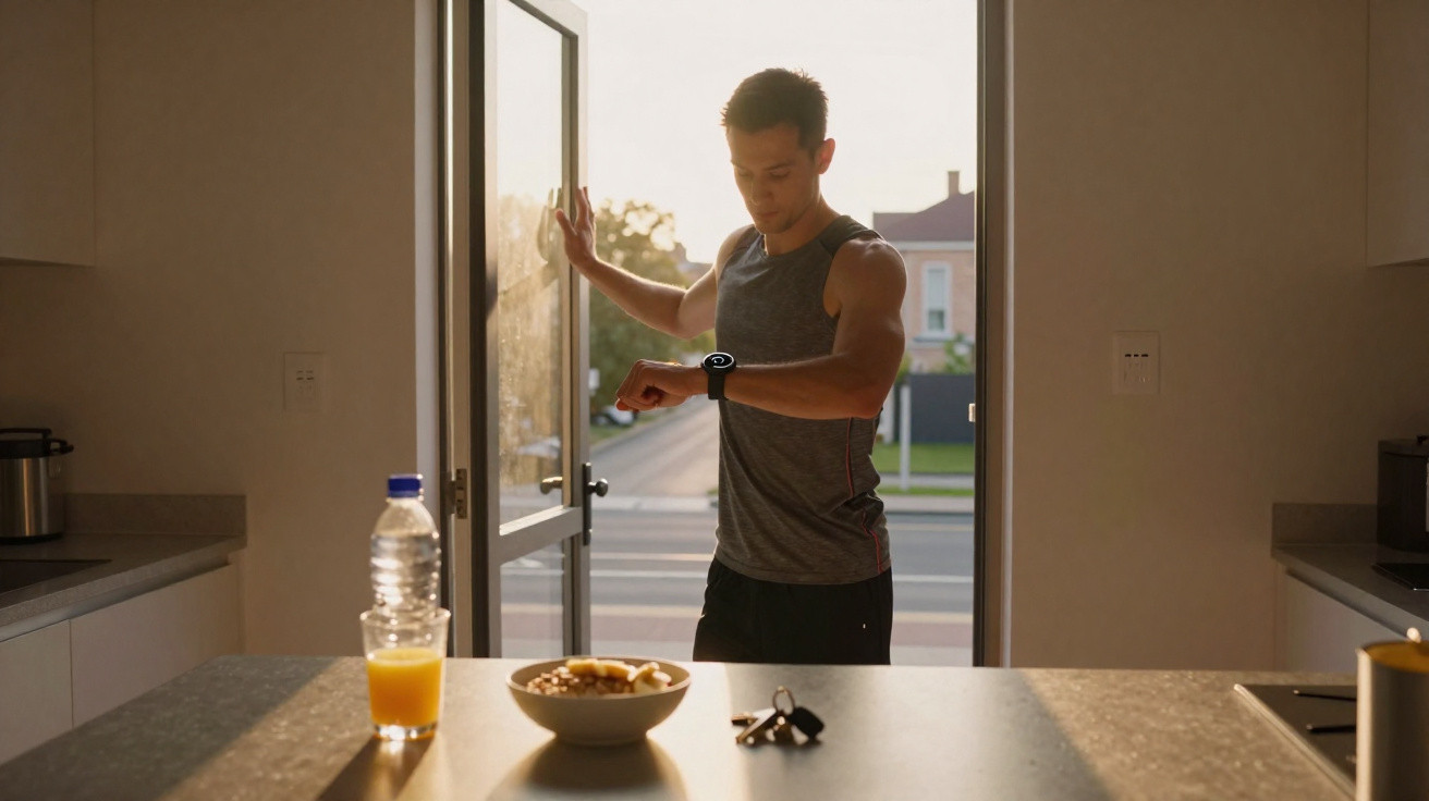 Homem em roupa esportiva abre porta e checa relógio inteligente na cozinha ao amanhecer.