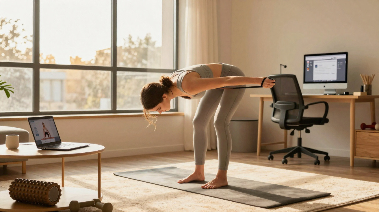 Mulher fazendo alongamento com elástico em tapete de yoga em sala iluminada e equipada para exercícios.