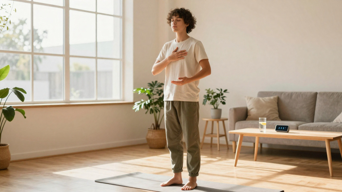 Pessoa jovem meditando em casa, em ambiente claro e arejado, com plantas e sofá ao fundo.