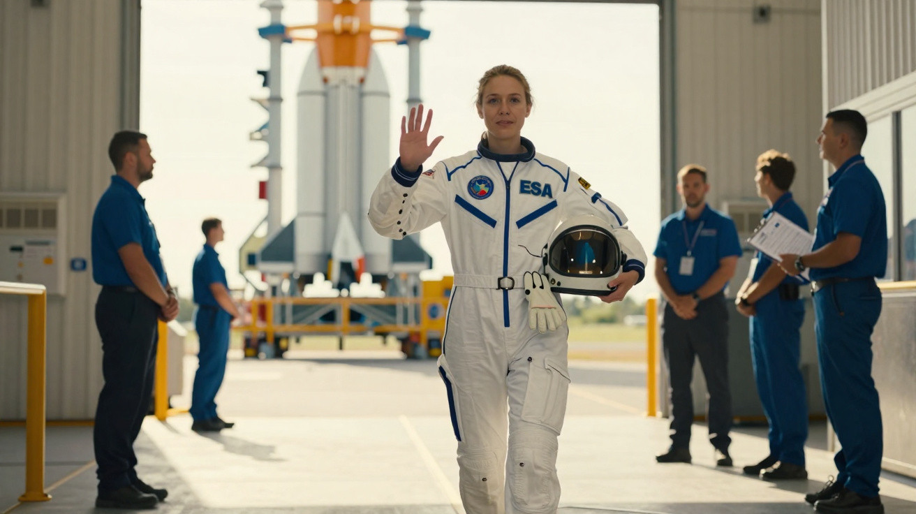 Astronauta mulher com traje espacial branco acenando, segurando capacete, com equipe ao fundo e modelo de foguete.