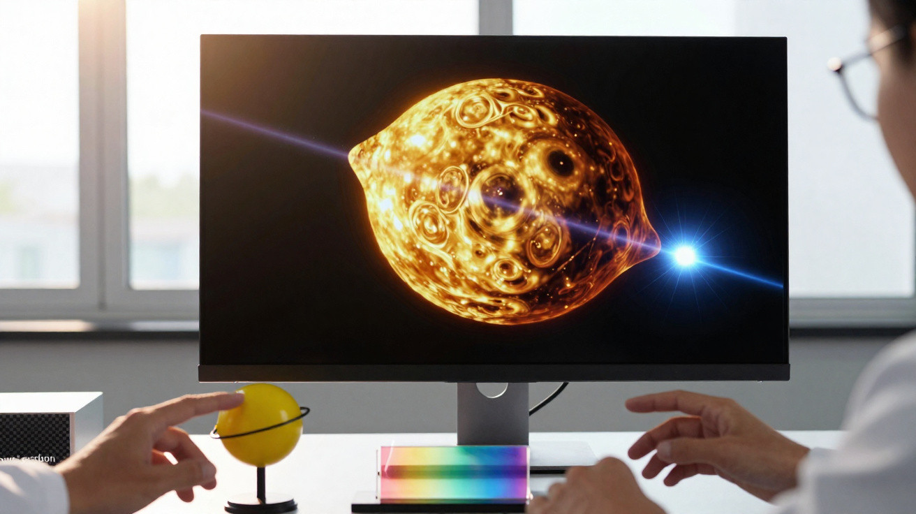 Pessoa segurando modelo solar enquanto observa simulação de estrela na tela do computador.