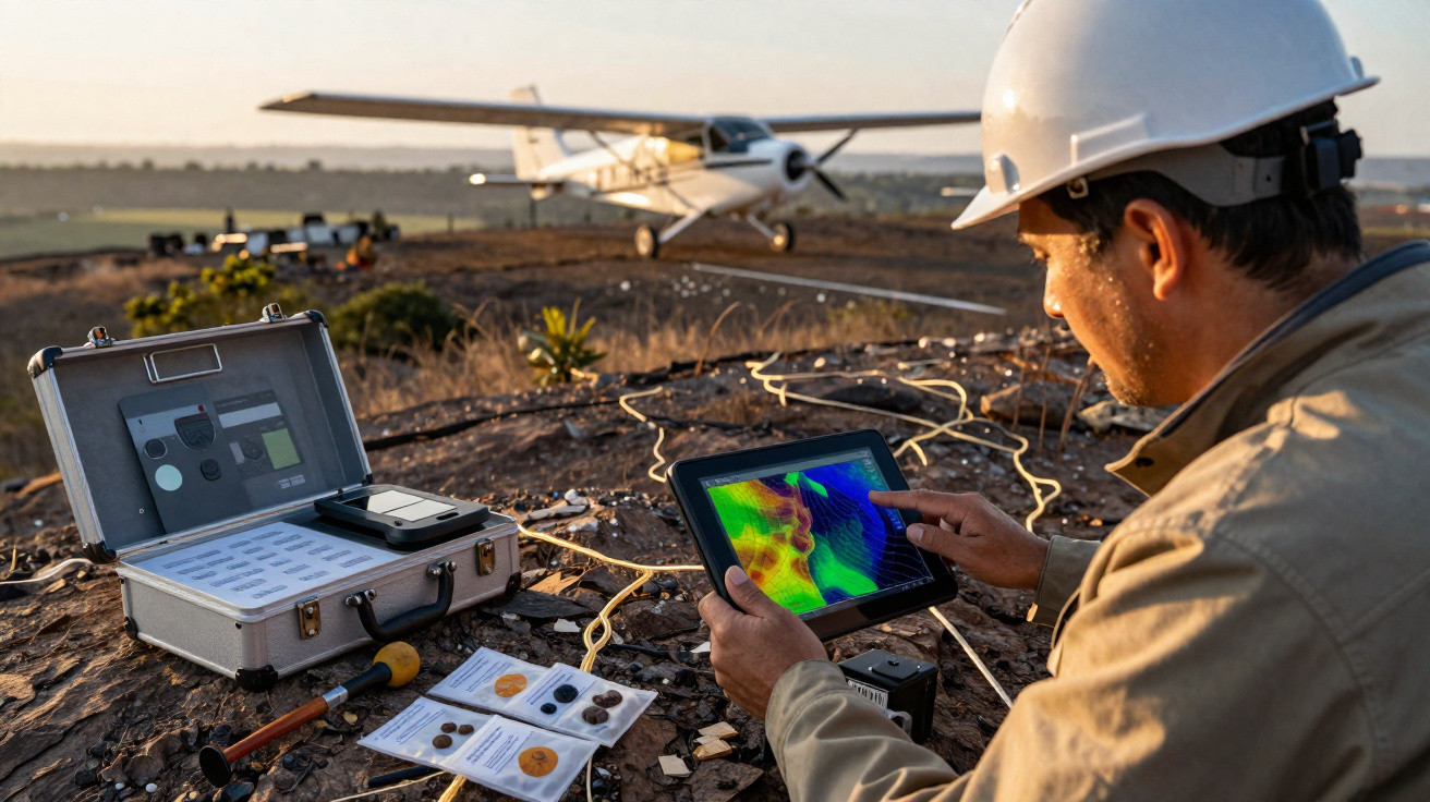 Homem com capacete analisa mapa colorido em tablet próximo a equipamentos e avião pequeno em área rural.