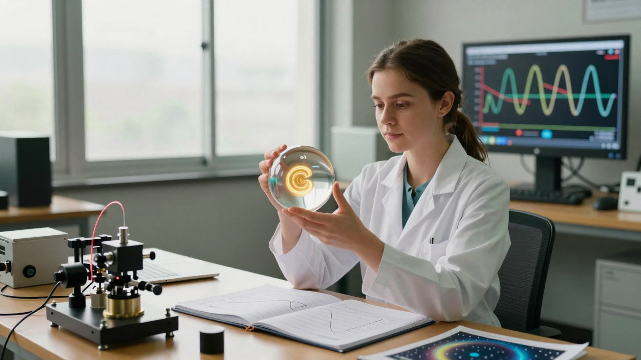 Cientista em laboratório segurando esfera de vidro com equipamento óptico e gráficos ao fundo.