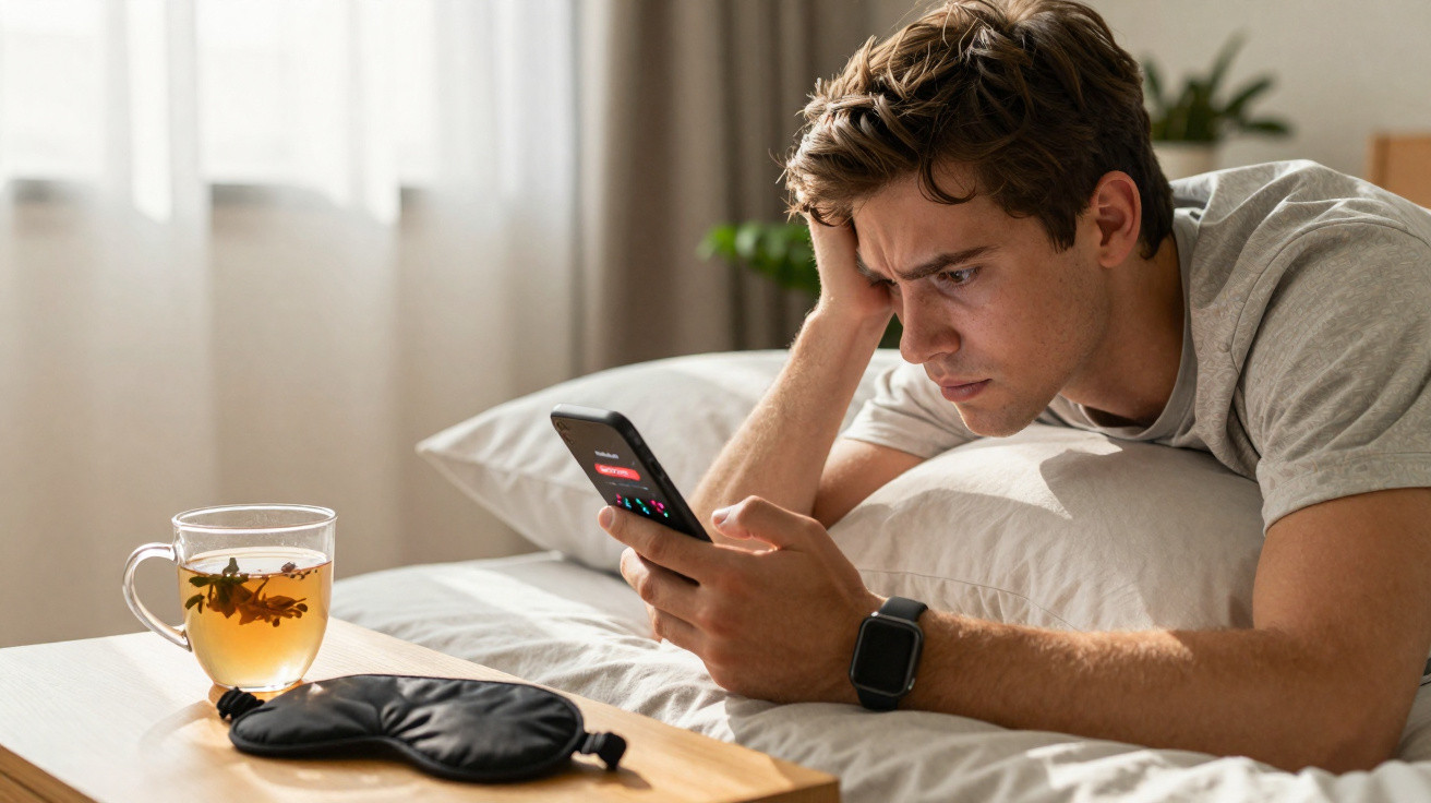 Homem deitado na cama olhando preocupado para o celular, com xícara de chá e máscara de dormir à frente.