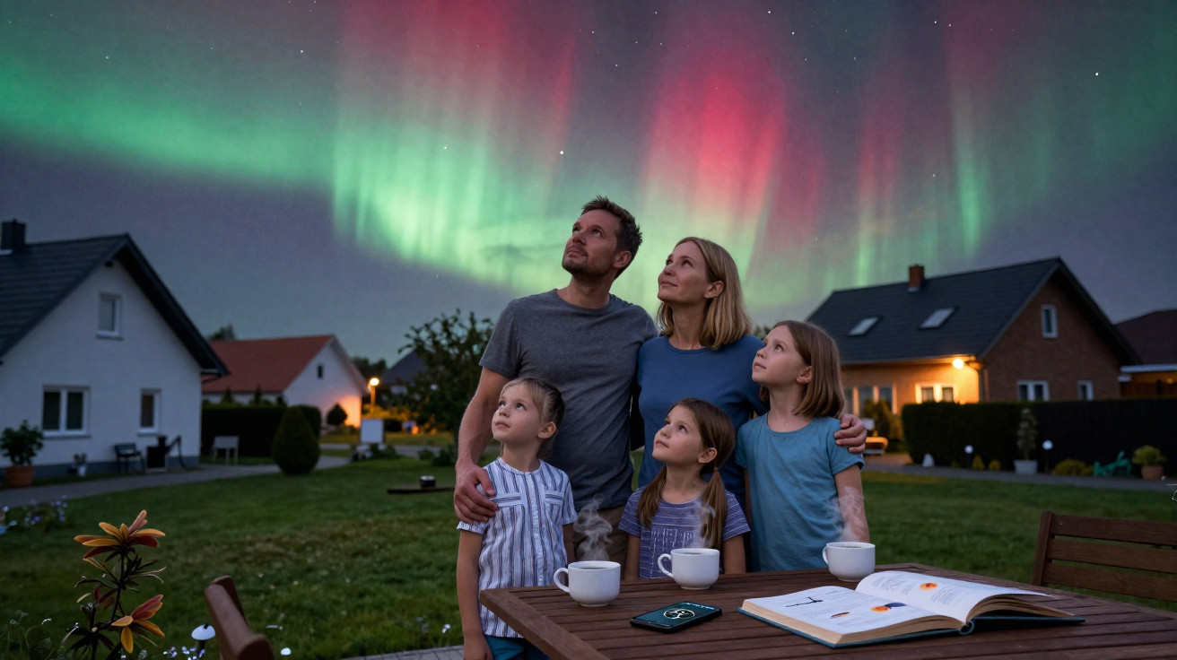 Família de cinco pessoas olhando a aurora boreal no céu durante a noite em um quintal residencial.