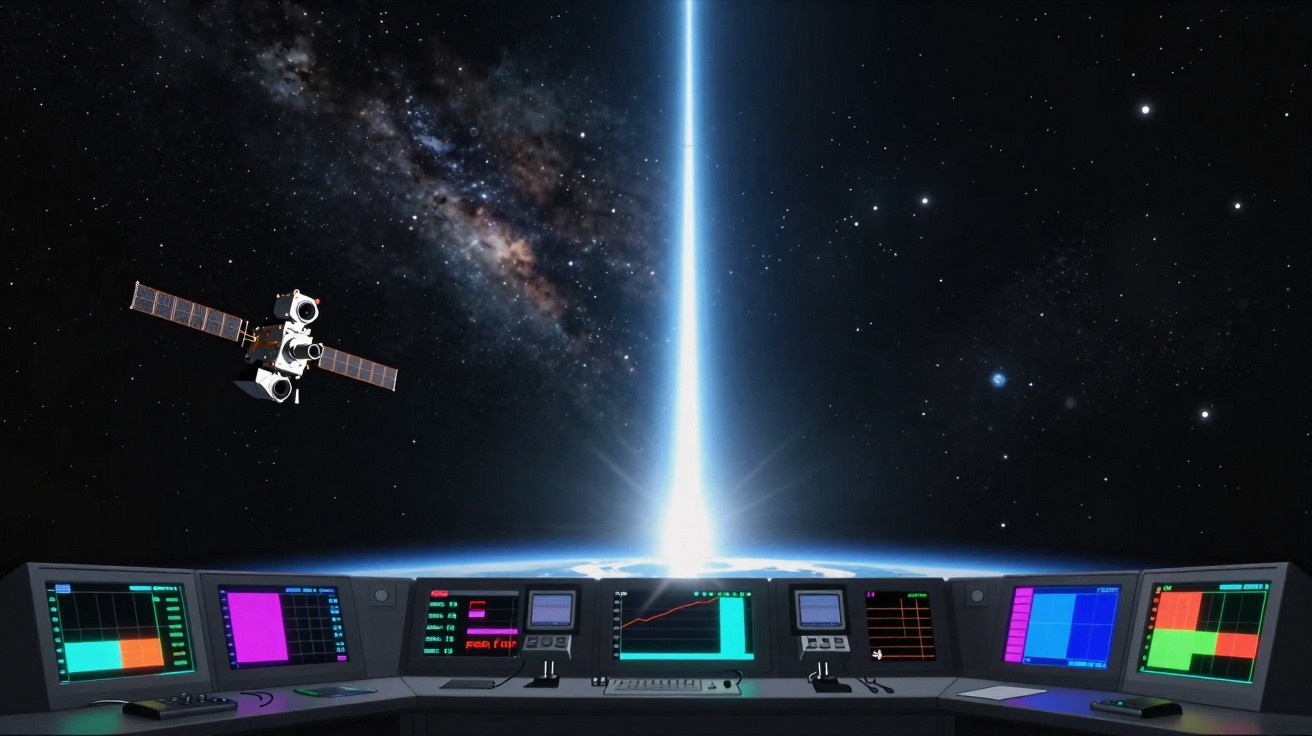 Painel de controle moderno observando um feixe de luz saindo da Terra no espaço com satélite e Via Láctea ao fundo.