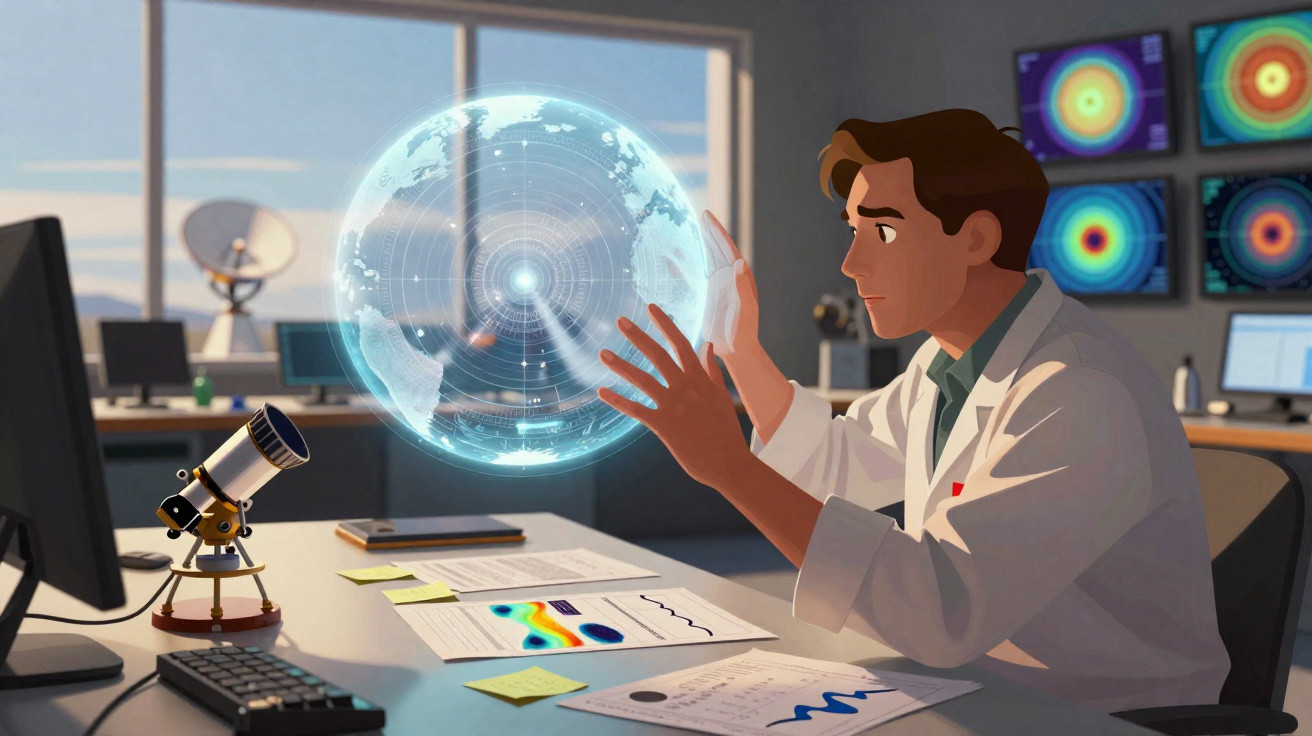 Cientista em laboratório interagindo com holograma do planeta Terra e dados geográficos ao redor.