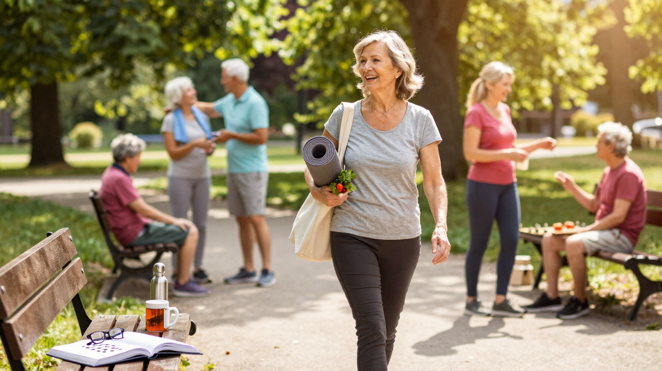 Mulher sênior caminhando no parque com tapete de yoga e grupo de idosos socializando ao fundo.