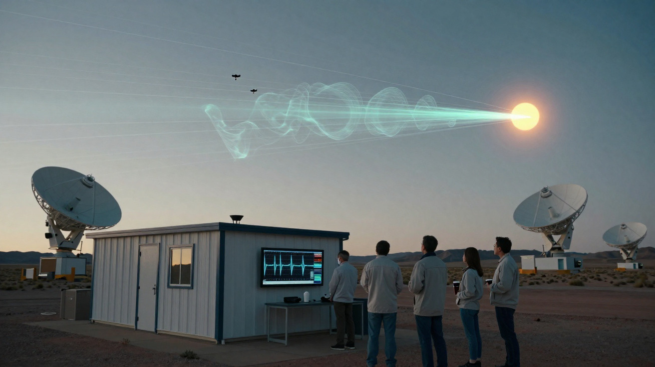 Equipe observa transmissão de dados entre antenas parabólicas e sol ao entardecer no deserto.