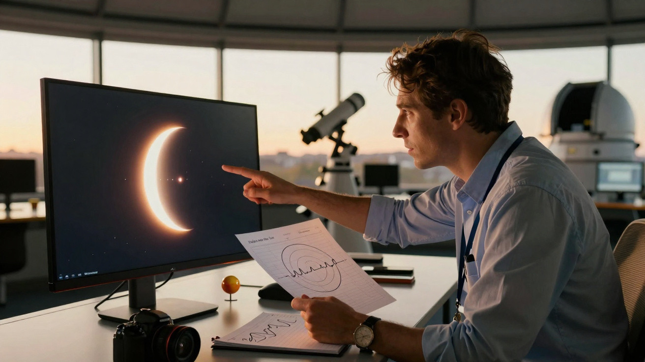 Homem analisando imagens e gráficos astronômicos em computador em observatório com telescópio ao fundo.