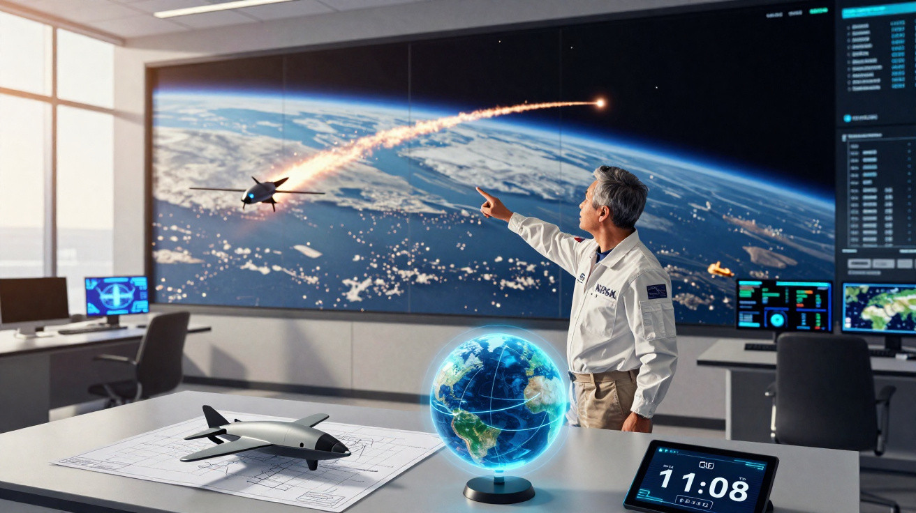 Homem em sala moderna aponta para simulação espacial com foguete e globo terrestre digital na mesa.