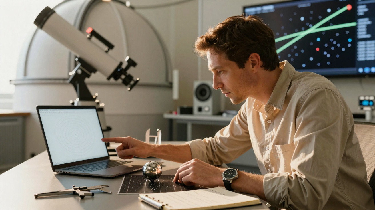 Homem analisando dados astronômicos em notebook dentro de um observatório com telescópio ao fundo.
