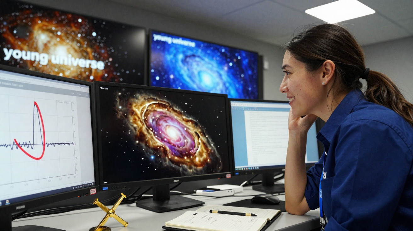 Mulher observando imagens de galáxias em múltiplos monitores em ambiente de trabalho científico.