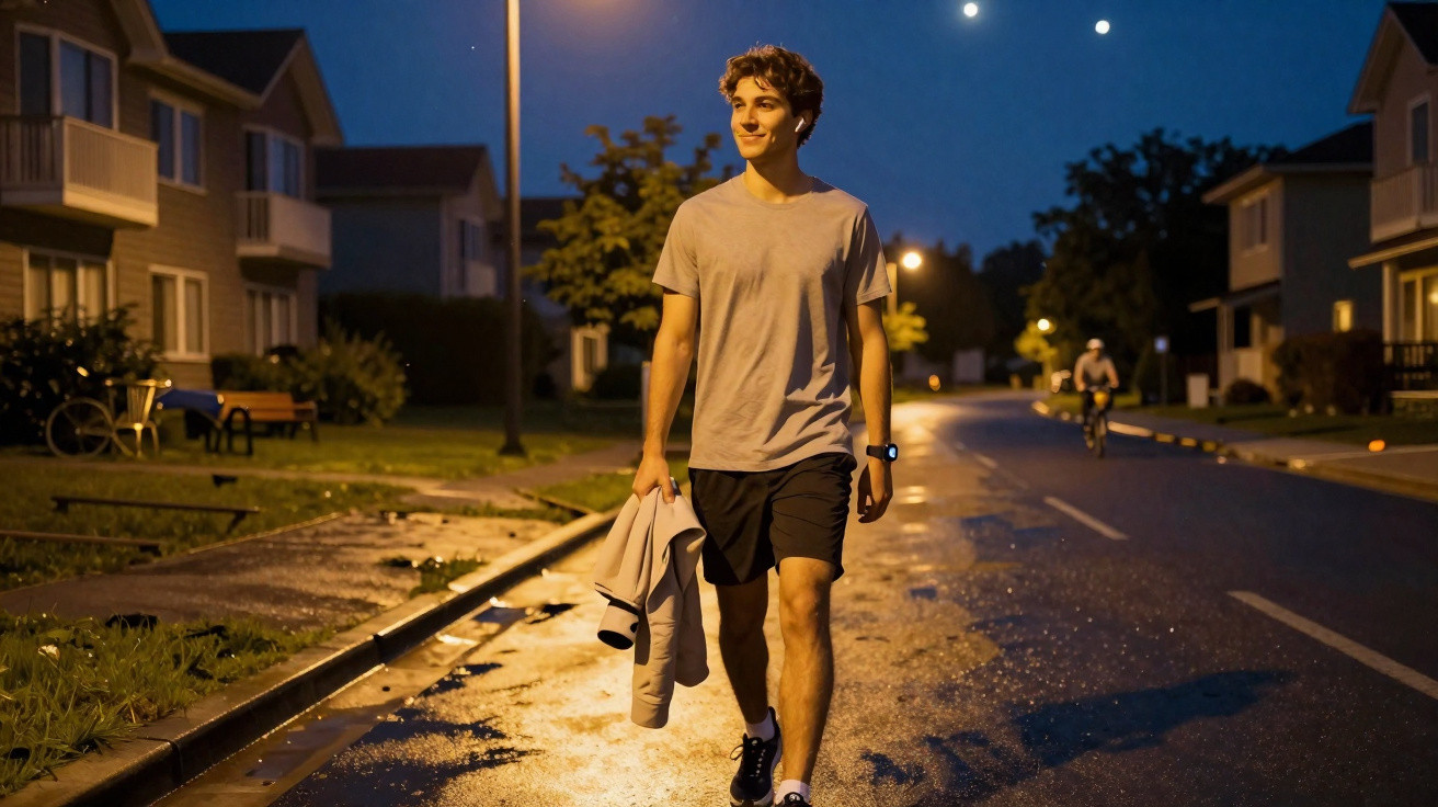 Jovem caminhando à noite em rua residencial iluminada, segurando um casaco na mão.