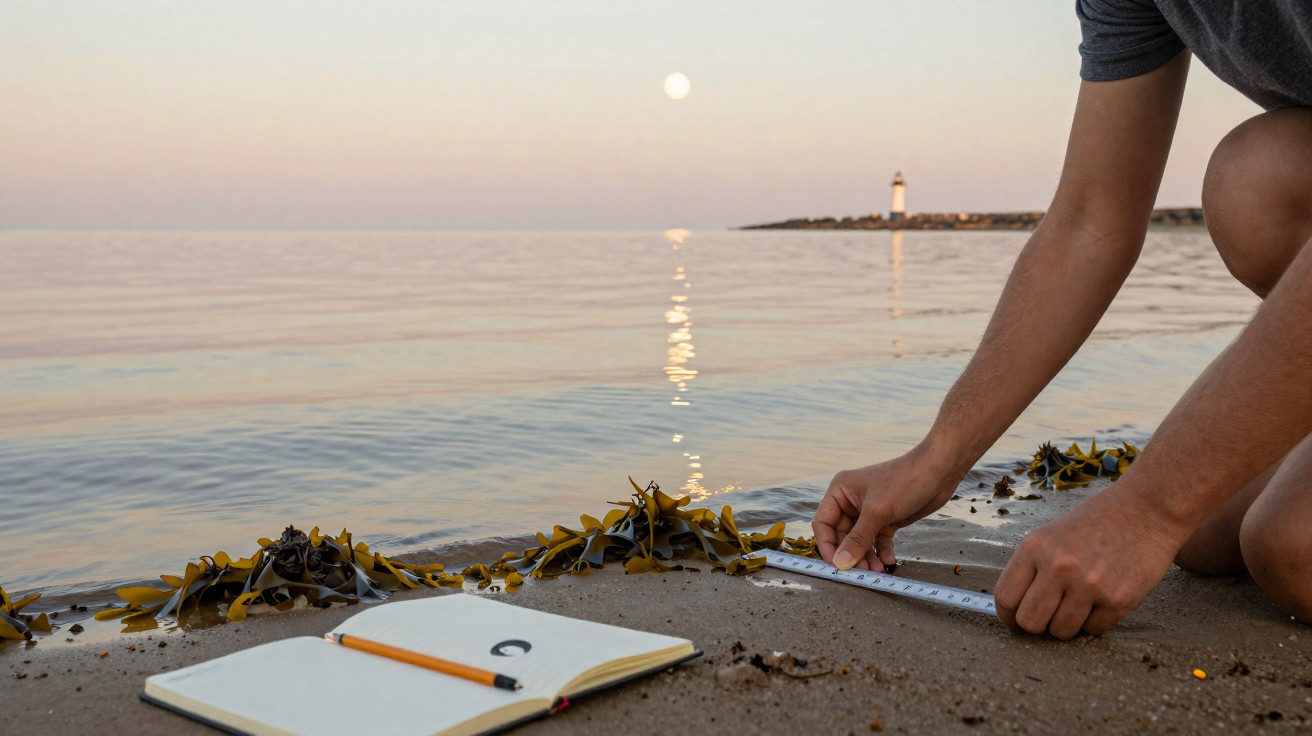 Pessoa medindo algas na praia ao entardecer com caderno e lápis na areia e farol ao fundo.