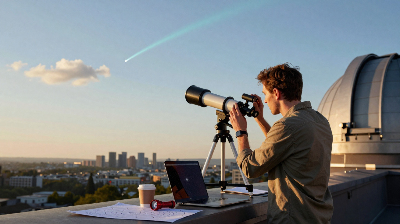 Homem usando telescópio em um terraço ao pôr do sol com cometa no céu e laptop ao lado.