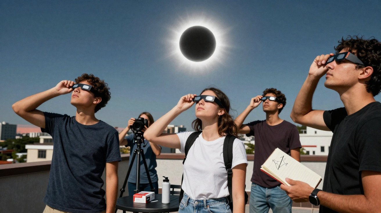 Cinco jovens observando eclipse solar com óculos especiais em telhado, equipamento fotográfico ao fundo.