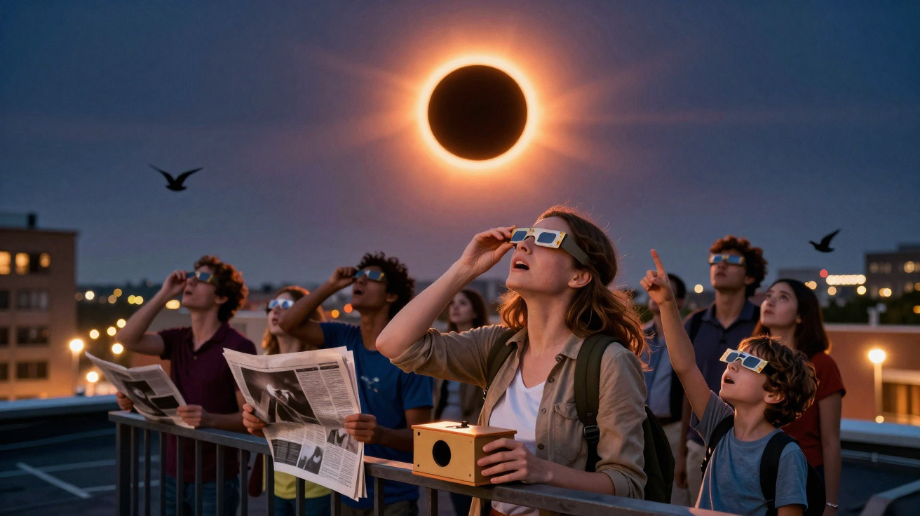 Grupo de pessoas usando óculos especiais observando um eclipse solar ao anoitecer na cidade.