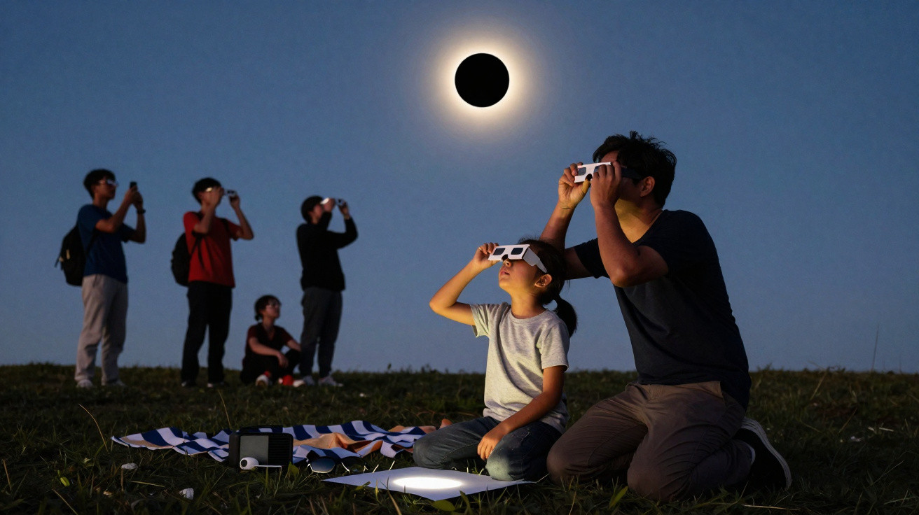 Pessoas observando eclipse solar com óculos especiais em área aberta ao entardecer.