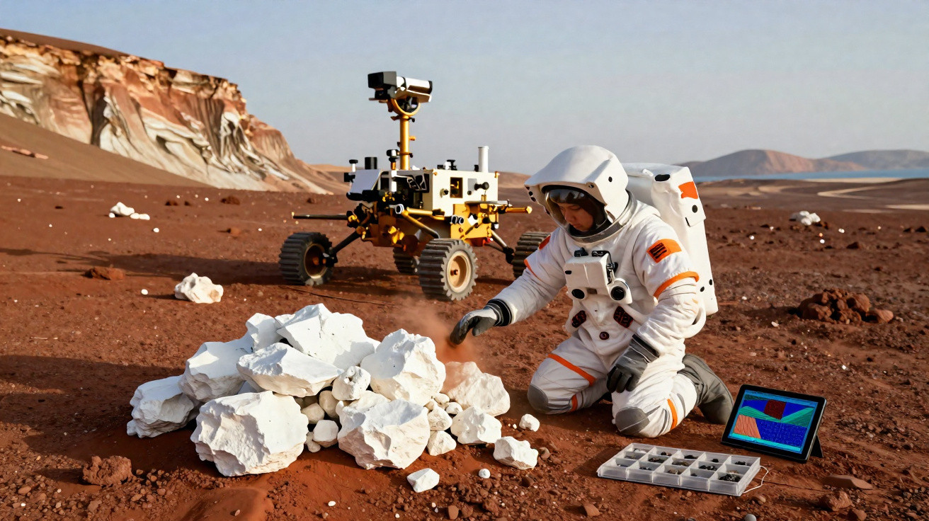 Astronauta examina pedras brancas em solo vermelho com rover e tablet em ambiente marciano.