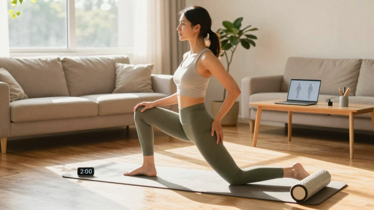 Mulher fazendo exercício de alongamento em tapete de yoga em sala iluminada com sofá e laptop.