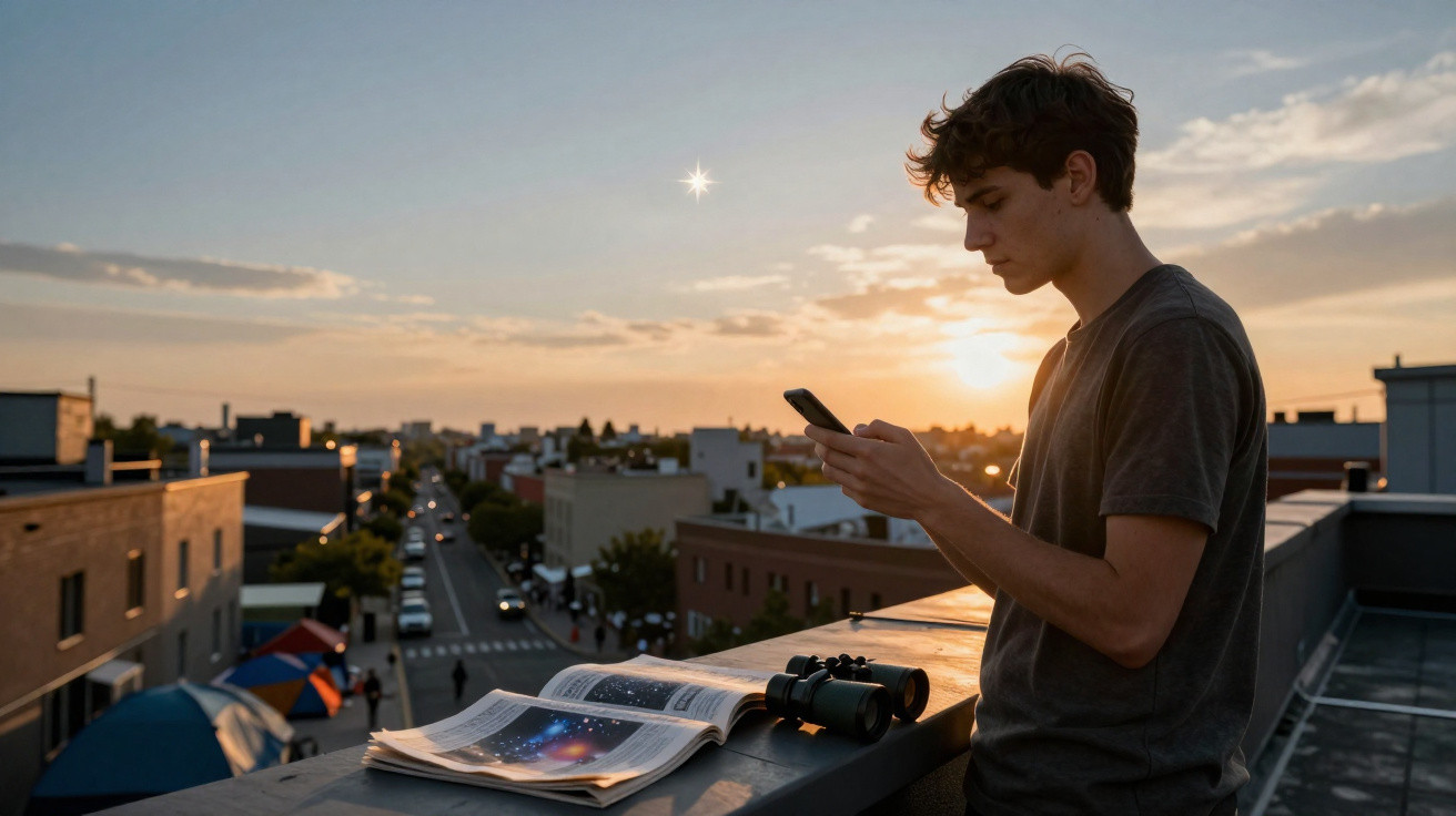 Jovem olhando celular no terraço ao pôr do sol com binóculo e livro aberto sobre astronomia.