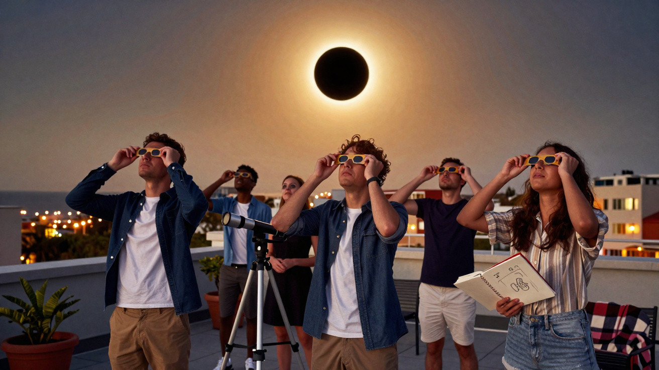 Grupo de cinco pessoas em telhado observando eclipse solar com óculos especiais e telescópio ao entardecer.