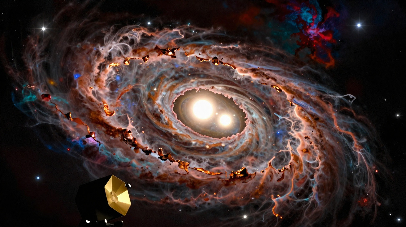 Nave espacial observando uma galáxia espiral com duas estrelas brilhantes no centro e nuvens de gás coloridas.