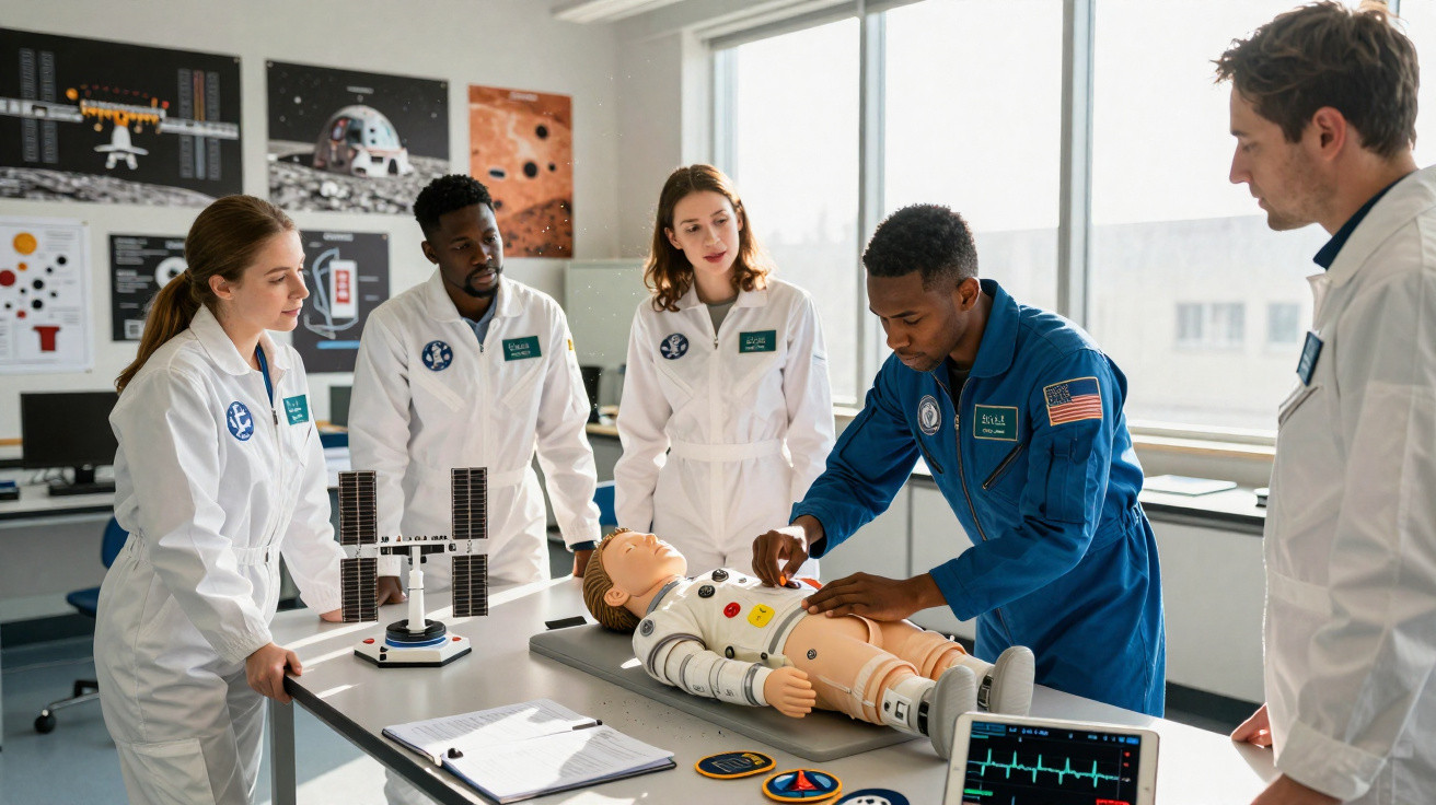 Equipe de estudantes em macacões simulam atendimento médico em boneco de astronauta em laboratório.