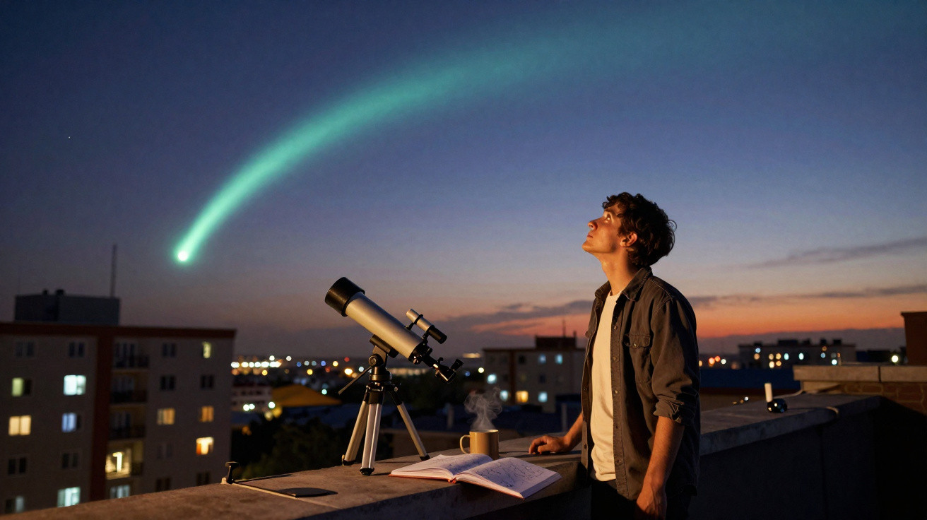 Jovem observando cometa brilhante no céu noturno enquanto está ao lado de telescópio em terraço urbano.