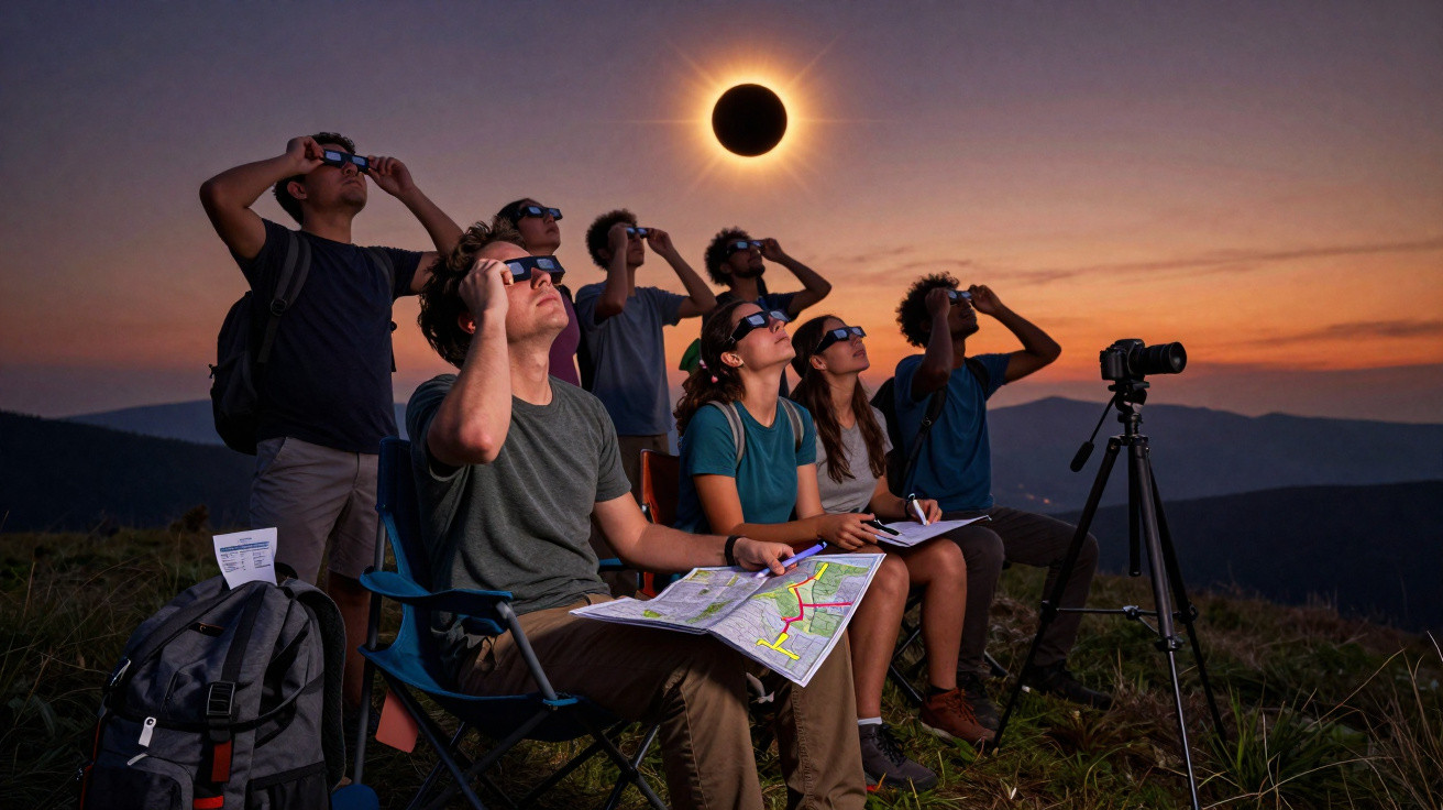 Grupo de pessoas em montanha observando eclipse solar com óculos especiais ao pôr do sol.
