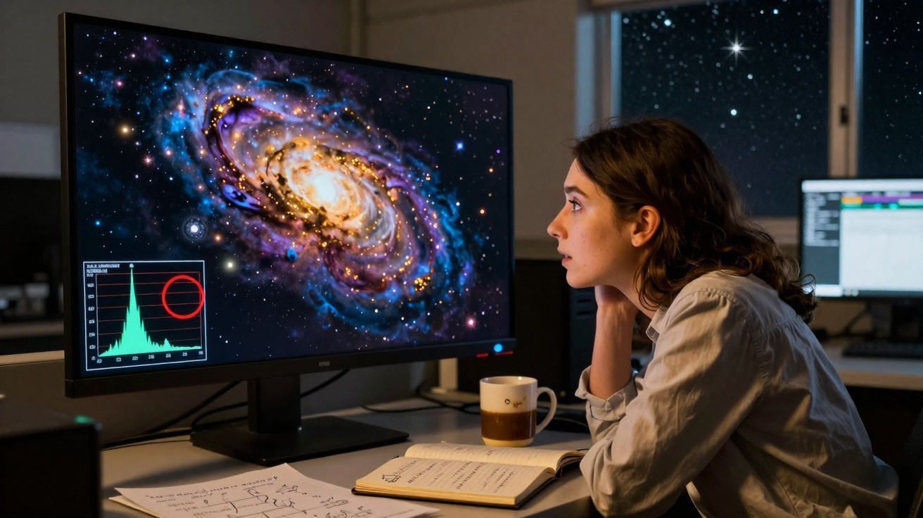 Mulher observando imagem de galáxia em tela de computador em ambiente escuro com anotações e xícara.