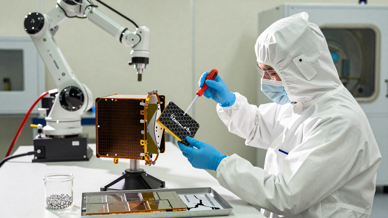 Técnico em roupa limpa ajusta painel solar em laboratório com robô industrial ao fundo.