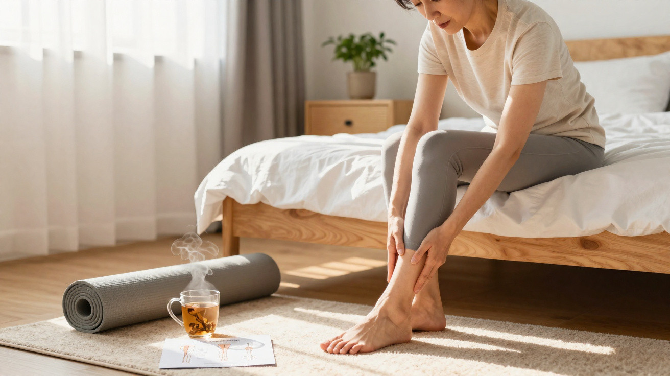 Mulher sentada na cama segurando o tornozelo, com tapete de yoga e chá ao lado, em quarto iluminado.