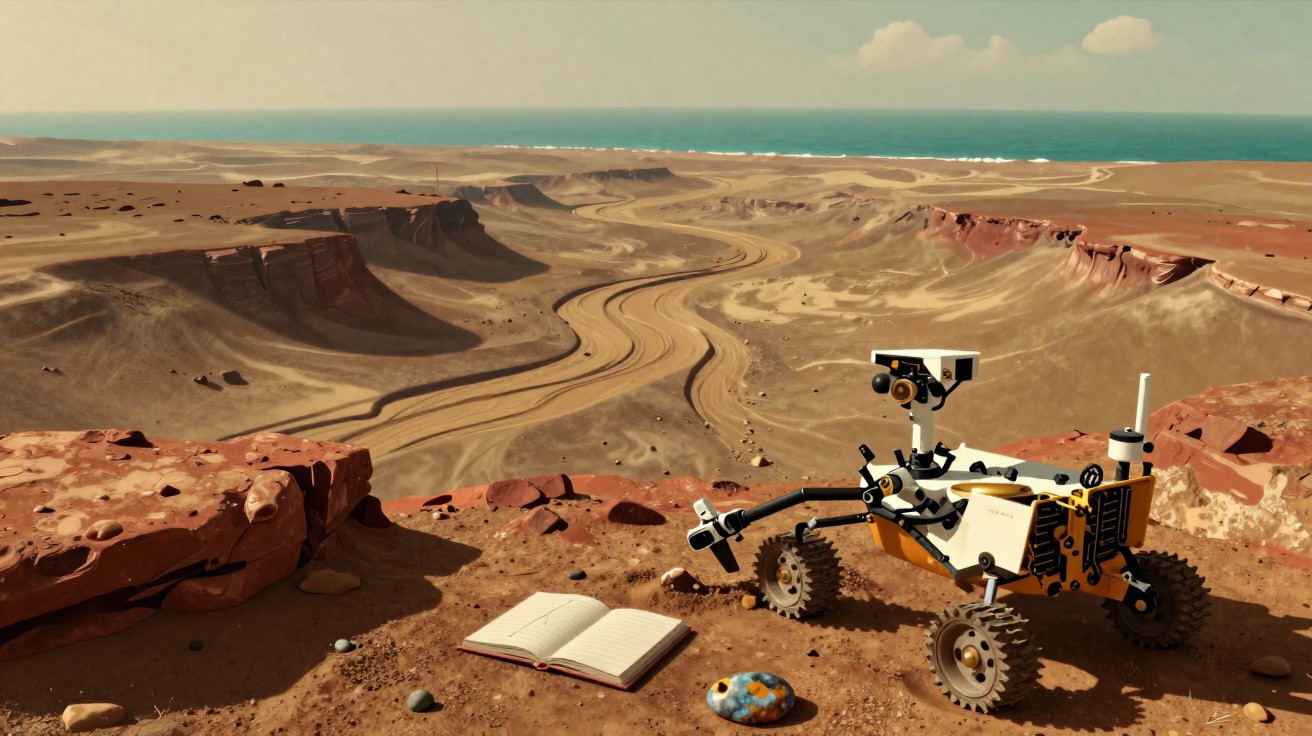 Rover explorando paisagem desértica com caderno aberto e objeto colorido em terreno arenoso.